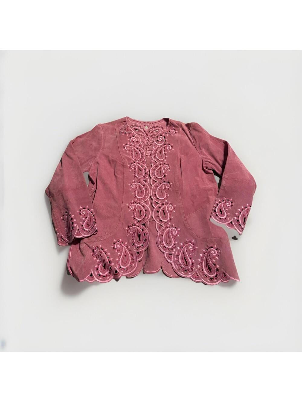 BOB MACKIE Wearable Art Womens M Pink Embroidered Open Front Blazer Designer